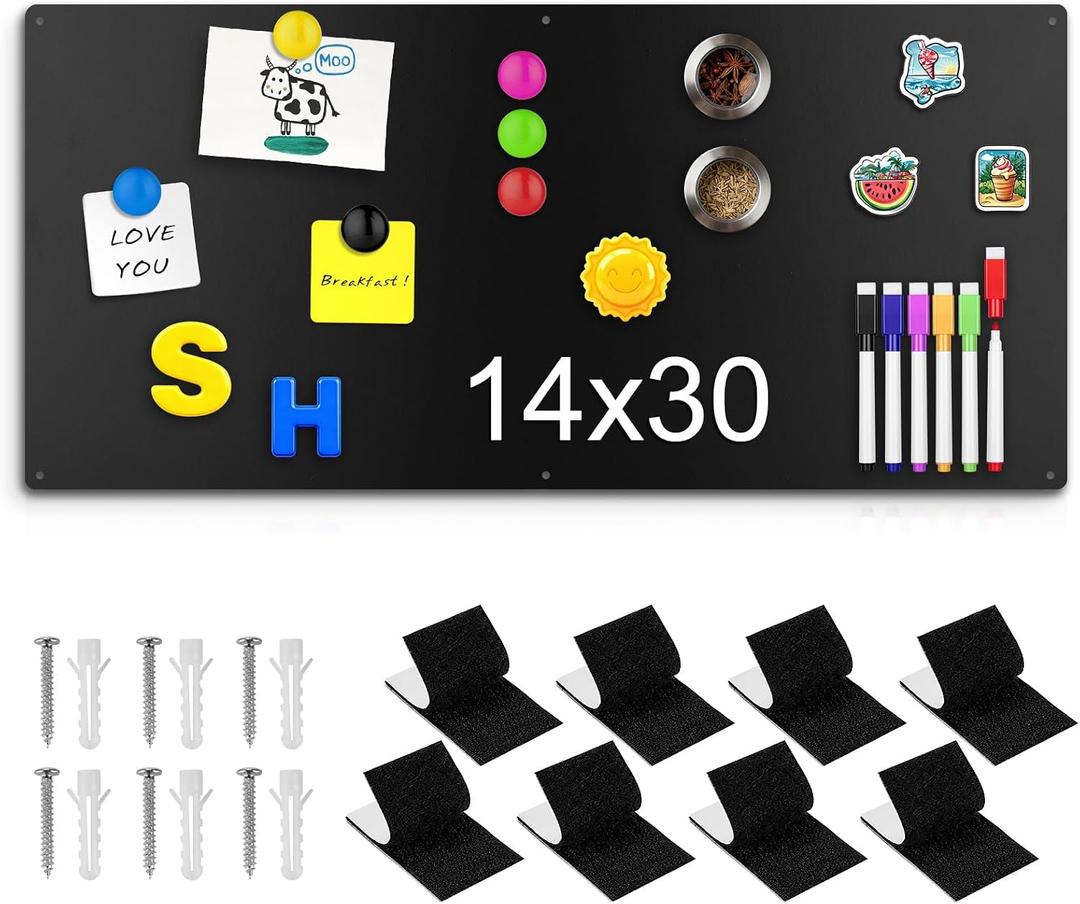 14" x 30" Magnetic Board, Black Magnet Bulletin Board to Display Magnetic Letters, Metal Board for Wall, Refrigerator Photo, with Dual Lock Tape and Screws, Marker Pen