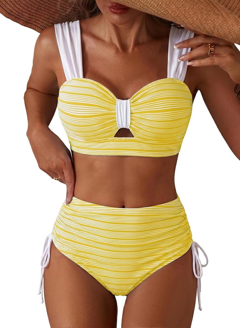 Women High Waisted Bikini Set Textured Cutout Tie Side Bathing Suit | Removable Pads, Adjustable Wide Straps, Tummy Control Cute Swimsuits, Sweetheart Neck, Wire Free, Pool Party, Beach Vacation (Yellow, )