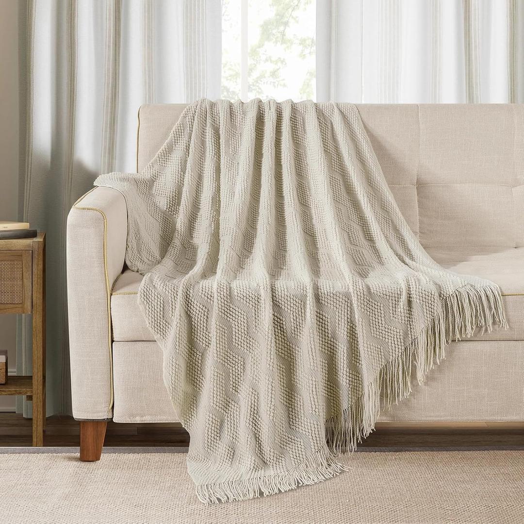 BOURINA Beige Throw Blanket 50x60 Inches Throw Textured Solid Soft Ripple Throws and Blankets for Sofa or Bed Knitted Decorative Bla