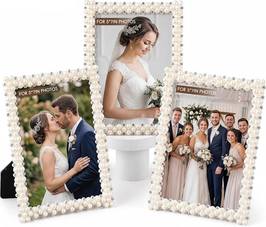 3 Pcs 5 x 7 Picture Frame with Pearls for Wedding Gifts, Wedding Frames for Horizontal and Vertical Decor Tabletop Display