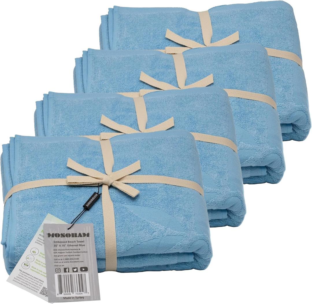 Mosobam Soft Beach Towel 35X70, Set of 4, Blue, Luxury Cabana 450 GSM Hotel Towels, Quick Dry, Oversized Extra Large, Travel Set, Viscose Made from Bamboo - Turkish Cotton