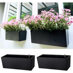 LaLaGreen Wall Planters for Outdoor (2 Pack, 14 Inch) Black Self Watering System Hanging Plant Box Flower Pot, Rectangular Wall Mount Indoor Vertical Living Garden Decoration Window Sill Herb Trendy