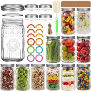 32 oz Wide Mouth Mason Jars with Airtight Lids and Bands, 12-Pack with Extra 4 Lids, Tags & Twine, Quart Glass Canning Jars for Overnight Oats, Pickling, Food Storage, DIY Crafts, Wedding Favors
