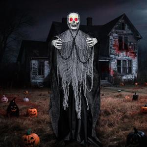 72" Outdoor Halloween Decorations Skeleton Life Size Animatronics Grim Reaper with Chain, Sound-Actived Halloween Decor with Creepy Sound, Scary Haunted House Props for Garden Yard Lawn