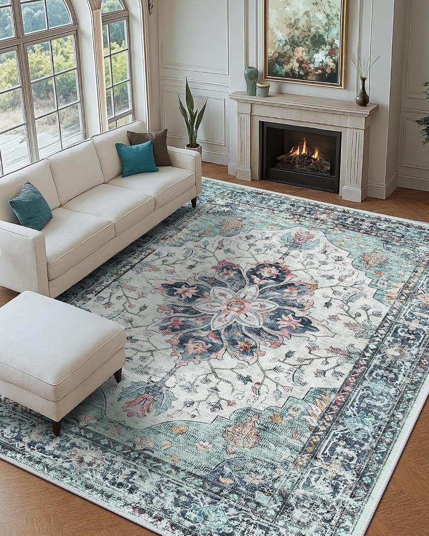 RELEANY Area Rugs 9'x12' Washable Non-Slip, Floral Vintage Distress Print Pattern Medallion Carpet for Living Room Bedroom Dining Room, Green Navy Blue White Red Teal Colorful