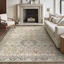 Bavni Washable Rug 6x9 Area Rug for Living Room Bedroom Dining, Washable Vintage Print Carpet, Ultra-Thin Chenille Low Pile Lightweight Rug with Non Slip Backing, Warm Gray Light Gold