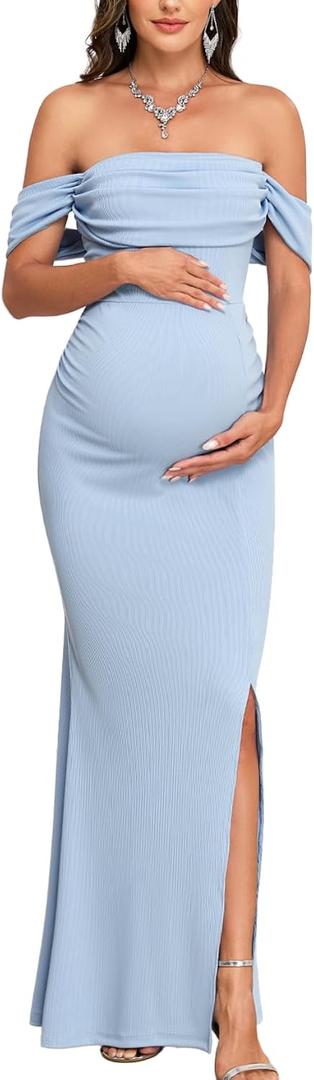 AISWI Off The Shoulder Maternity Dress Ruched Ribbed Knit Bodycon Mermaid Maxi Gown with Slit for Baby Shower Photoshoot (L)