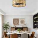 Boho Caged Ceiling Fan with Light, 20" Rattan Flush Mount Ceiling Fans with Lights Remote Contro, Bladeless Enclosed Fandelier Fan Safe for Bedroom, Living room, Nursery