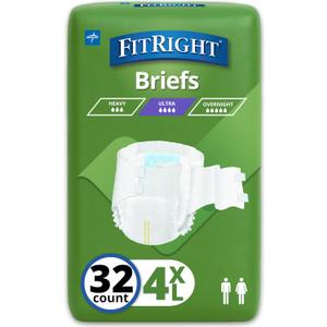 Medline FitRight Incontinence Diapers, Specialty Size Adult Diapers, For Men And Women, Maximum Protection, Waist Size 65"–94", 4XL, 8 briefs per bag, 32 briefs per case