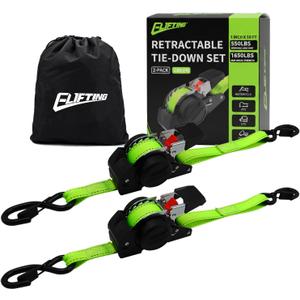 Retractable Ratchet Straps 2 Pack, 1 In X 10 Ft Tie Downs, Green | Auto Self Retracting, 1650 Lbs Break Strength, Reflective Stitching, Rubber Coated S-Hooks, For Motorcycle And ATV