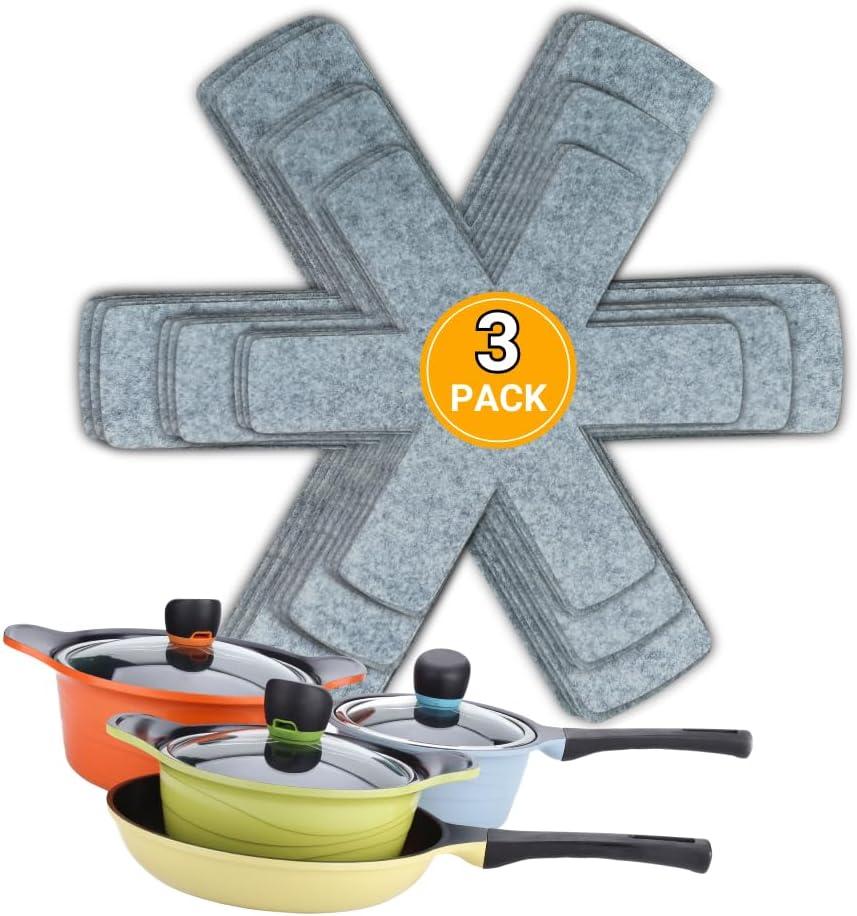 SAVUK Pot and Pan Protectors Set of 3 and 3 Different Sizes Separators Pad Pot Dividers Anti-Slip Pad for Stacking and Protecting Cookware Avoid Scratching (10" 12.5" 15") (Grey) (Gray)