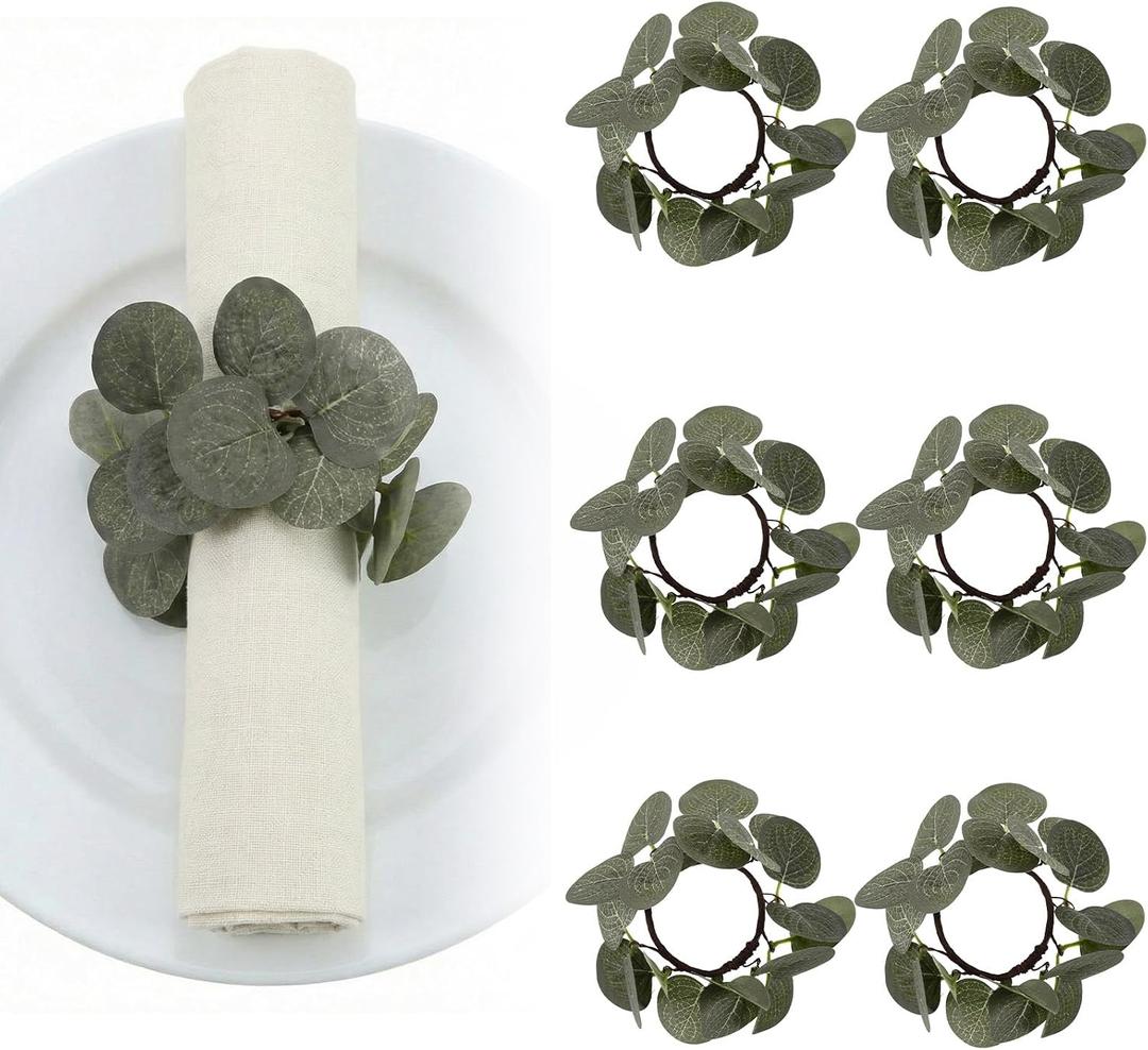 6 Pcs Eucalyptus Napkin Rings for Wedding Dining Table Napkin Holder Wreath Artificial Pine Needle for Winter New Year Dinner Party Family Gathering Banquet Xmas Serviette Buckles