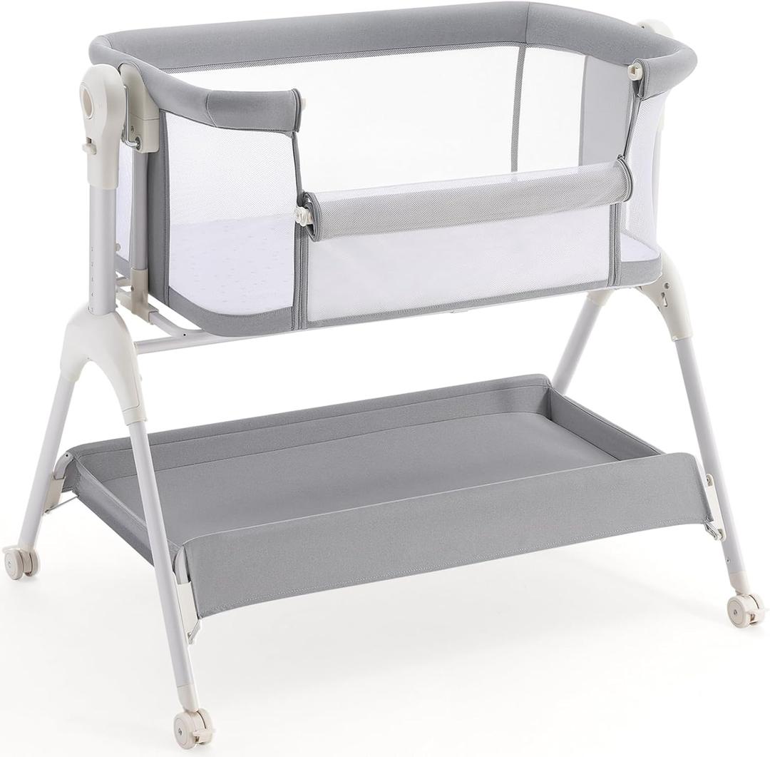 HARPPA Cuddly Baby Bassinet, 3 in 1 Rocking Bassinet with Mattress and Sheet, Full Mesh Sides, Adjustable Bedside Sleeper with Wheels for Newborns, Light Gray