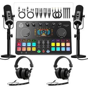 Podcast Equipment Bundle for 2, Audio Interface with 2 Dynamic XLR/USB Microphones, 2 Desktop Mic Stands and 2 Headphones, RGB, Voice Change for Vocal Recording,Podcasting,Streaming, PC Phone,TikTok