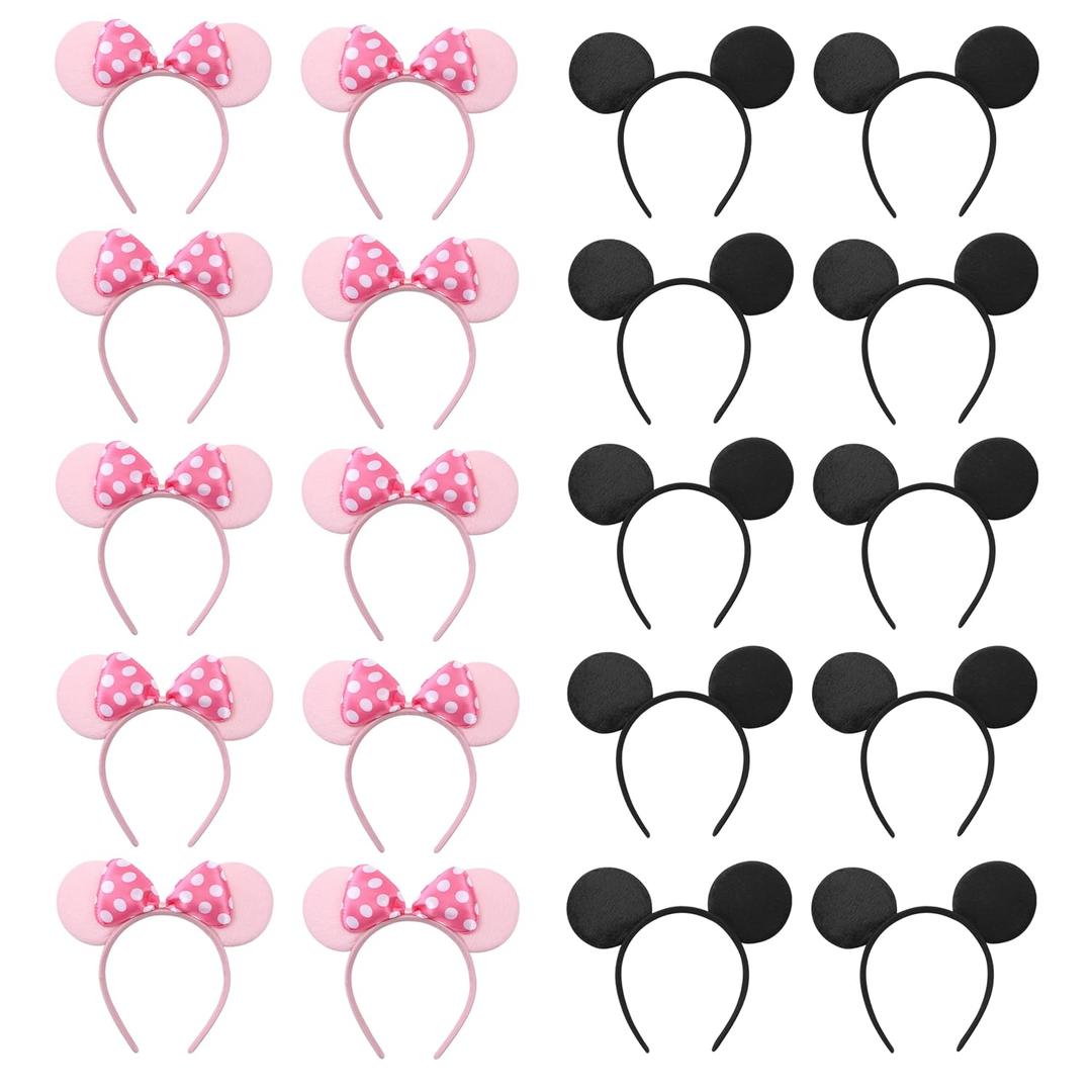 NEWTGAN 20 PCS Mouse Ears Headbands for Birthday Party Theme Park Costume Play Celebration for Boys and Girls (black,pink) (pink black)