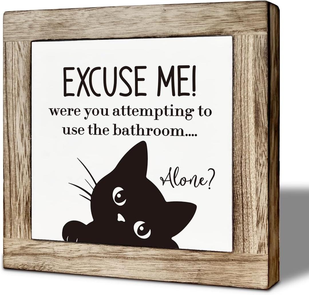 Funny Bathrooms Decor, Cats Lover Decoration for the Home, Novelty Humorous Bathroom Decor, Rustic Farmhouse Wooden Table Signs, Cat Mom Gift, Funny Cat Saying Sign 5.95.9 inches
