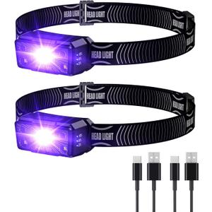 SEVENKA 2 UV Headlamp Flashlight Black Light, Rechargeable LED Hand Free Mini UV Blacklight 395nm Head Light with White & Ultraviolet Light, Detector for Pet Dog/Cat Urine Stains,Bed Bug,Scorpions