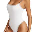 Avidlove Women Square Neck Lace Bodysuit Sleeveless Spaghetti Strap Tank Top Body Suits (White, S)