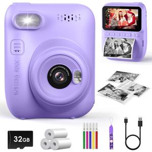 Kids Instant Print Camera, 3.0-inch HD Screen 32MP Photo Instant Digital Camera Christmas Birthday Gifts Toys for Children Girls Boys Age 3-12 - Purple