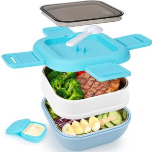 Sinnsally Bento Box Adult Lunch Box with Stainless Steel Container,Metal Lunchable Food Storage Container with Sauce Jar (Blue)