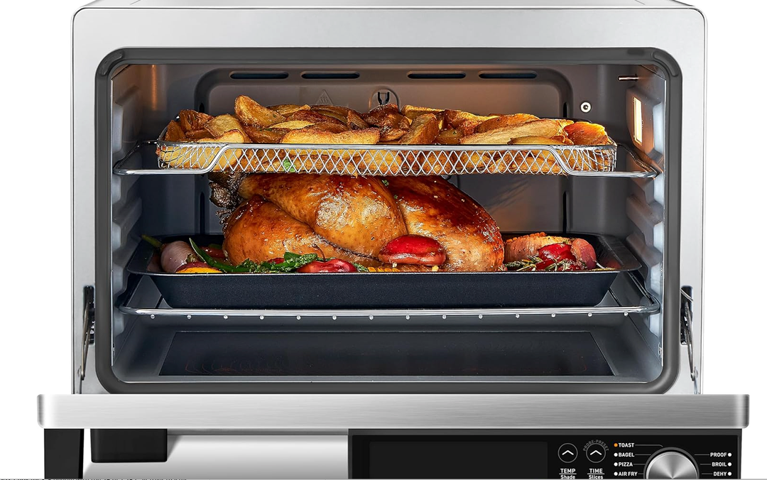 COSORI Ceramic Air Fryer Toaster Oven Combo, 11-in-1 Flat-Sealed Heating Elements for Easy Cleanup, Innovative Burner Function, 26QT, Silver, Stainless Steel