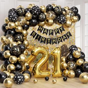 Anjerlfu 21st Birthday Decorations for Him Her with Happy 21st Birthday Decorations Banner 21 Balloon Number, Black and Gold 21st Birthday Balloons Kit for 21st Birthday Party Decorations