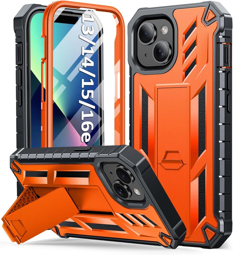 SOiOS for iPhone 13/14/15 Phone Case: for iPhone 16e Protective Cover with Built-in Kickstand | Heavy Duty Military Grade Hard Protection Shock Proof | Durable Dual-Layer Design Orange