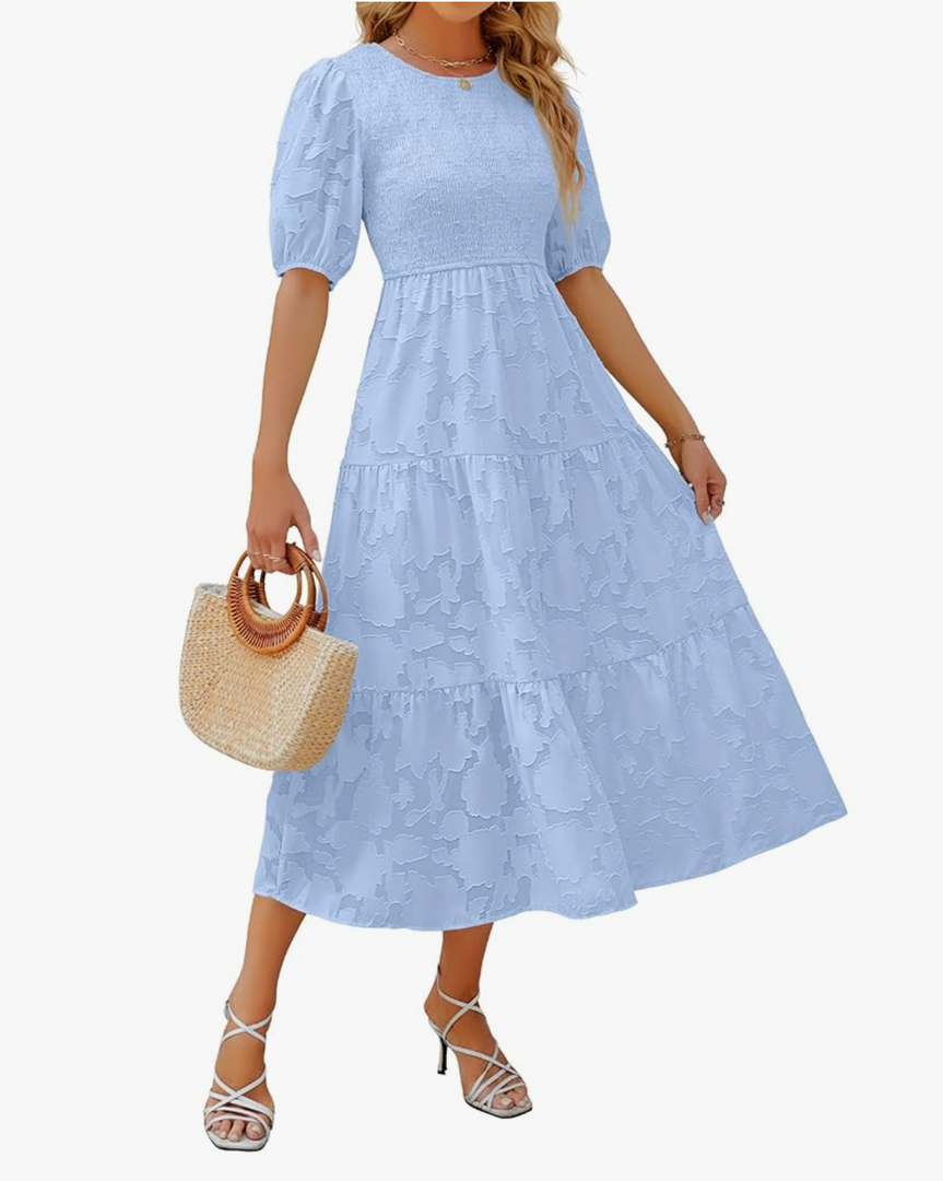 ZESICA Women's 2025 Summer Short Puff Sleeve Crewneck Smocked Floral Lace Flowy A Line Tiered Maxi Dresses, Size S