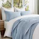 EVERGRACEHOME Stonewashed Cotton Quilt Set King Size, Ultra Soft Oversized Bedspread Coverlet Set, Lightweight Crinkle Box Stitch Bedding Sets for All Season, with 2 Matching Shams, Blue Linen