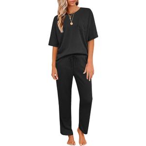 JiniGolla Womens Pajama Sets Waffle Knit Short Sleeve Shirt with Long Pajama Pants Soft Sleepwear Pj Lounge Sets (X-Large, Black)