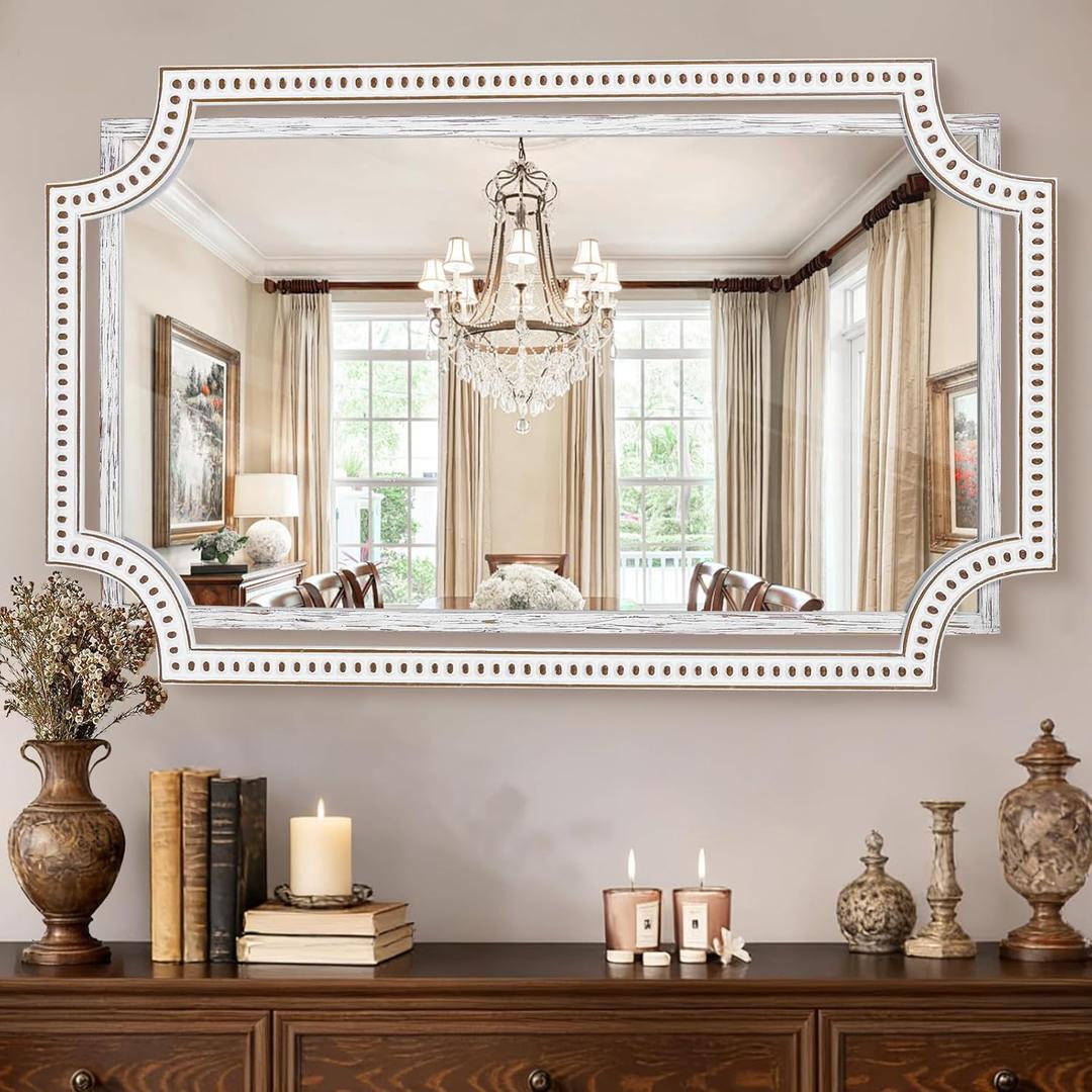 HOITUZYUS 30x40 Inch Rustic Farmhouse Decorative Mirrors for Living Room, Boho Wood Wall Mirror for Bathroom, Entryway & Fireplace Mantel - Horizontal or Vertical Hanging