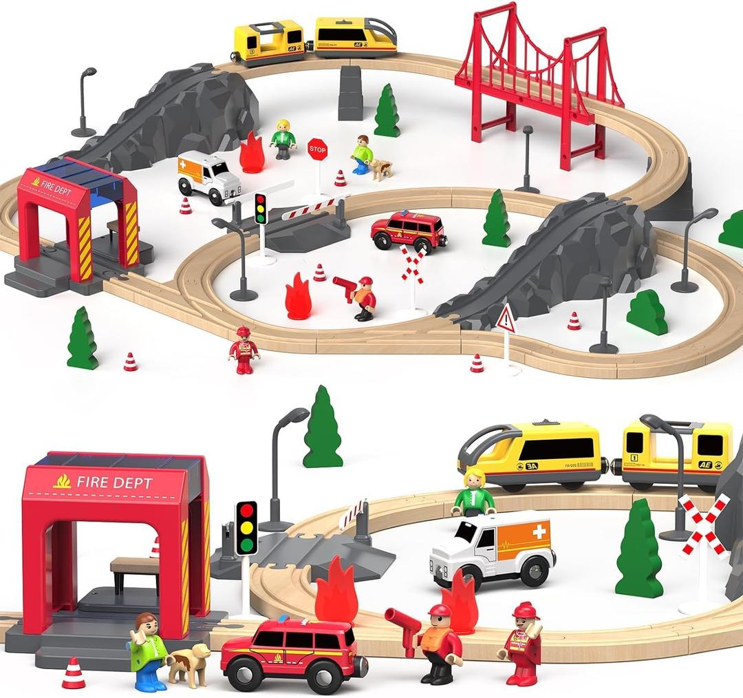 Giant bean Set of 72 Fire Station Wooden Train Track Electric Train Set, Gift Packed Toy Railway Kits for Kids, Toddler Boys and Girls 3,4,5 Years Old and Up, Christmas Birthday Gift Toy for Kids