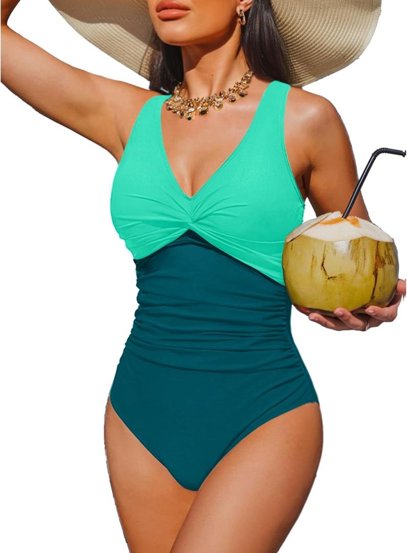Holipick Women Tummy Control One Piece Swimsuit - Push Up Bathing Suit Full Coverage Slimming Swimwear (Medium, Green Color Block)