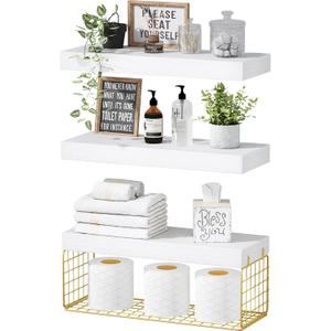 QEEIG Bathroom Shelves Over Toilet - Wall Mounted Floating Shelves Toilet Paper Storage Small Modern Decor Shelf 16 inch Set of 3, White and Gold (019-WG3)