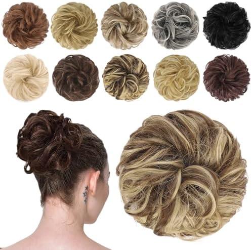 FESHFEN Messy Bun Hair Piece - Wavy Synthetic Chignon Scrunchies for Instant Volume, Elastic Bun Ponytail Hair Extensions Thick Hairpieces for Women, Light Brown & Blonde 1.50 oz