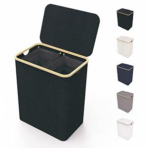 LONBET Laundry Basket with Lid, Made from Breathable Fabric | Aesthetic Clothes Hampers for Laundry with Side Handles & Sturdy Bamboo Frame (40 Gallons - Double, Black)
