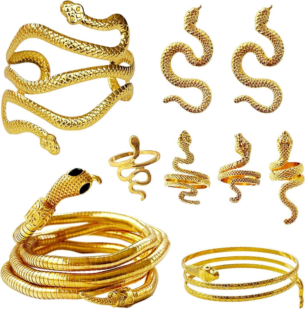 9 Pcs Snake Jewelry for Women,Gold Snake Necklace Earrings Armband Bracelet Rings Set,Egypt Style Adjustable Halloween Jewelry Accessory for Party Cosplay Costume