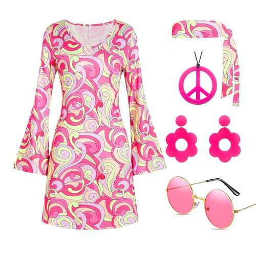 Deerjoke 60s 70s Disco Outfit Hippie Costume Women, 1970 Style Clothes Dress Accessories Jewelry Halloween (Pink, XXLarge)