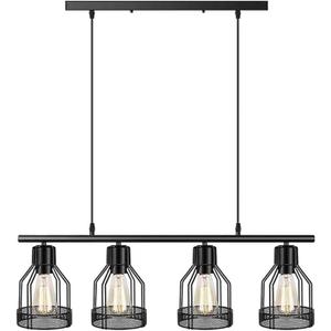 4-Light Farmhouse Black Kitchen Island Lighting - Adjustable Rods Industrial Rustic Pendant Light Fixture - Black Iron Retro Linear Chandelier - Ideal Compatible with Kitchen Island, Dining Room Pend
