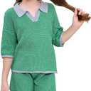 Girls 2 Piece Outfits Set Oversized Short Sleeve V Neck Knit Sweater Tops Casual Shorts Lounge Set (7-8 Years, Green)