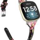 Minyee Compatible with Fitbit Versa 4/Versa 3/Sense 2/Sense Band for Women, Slim & Thin Leather Straps Bracelet Wristband for Fitbit Versa 4/ Fitbit Sense Smartwatch, Pink Floral