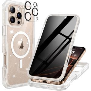 seacosmo for iPhone 16 Pro Max Case for Women, Full Body with Built-in Privacy Screen and Camera Lens Protector, Anti-Yellowing, Compatible with MagSafe, Shockproof Cute Girl Case, 6.9", Clear Glitter