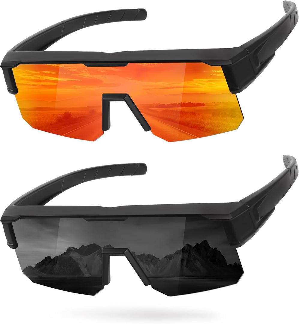 GRFISIA Polarized Fit Over Glasses Sunglasses for Men Women, UV Protection Sports Wrap Around for Driving Cycling Fishing (2pcs Black Frame/Black Lens+black Frame/Red Mirror)