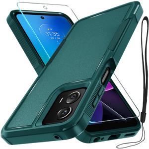RMOCR for Motorola Moto G Power 5G 2024 Case, Full Body Heavy Duty Rugged Shockproof Protective Phone Cover with Lanyard Strap, Tempered Glass Screen Protector,Dark Green