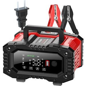 FOXSUR Portable Smart Car Battery Charger for 12 Volt 20A / 24V 10A Motorcycle Truck Lawn Mower Lead Acid AGM Gel LiFePo4 Batteries Tender Automotive Fast Pulse Repair Trickle Chargers Maintainer