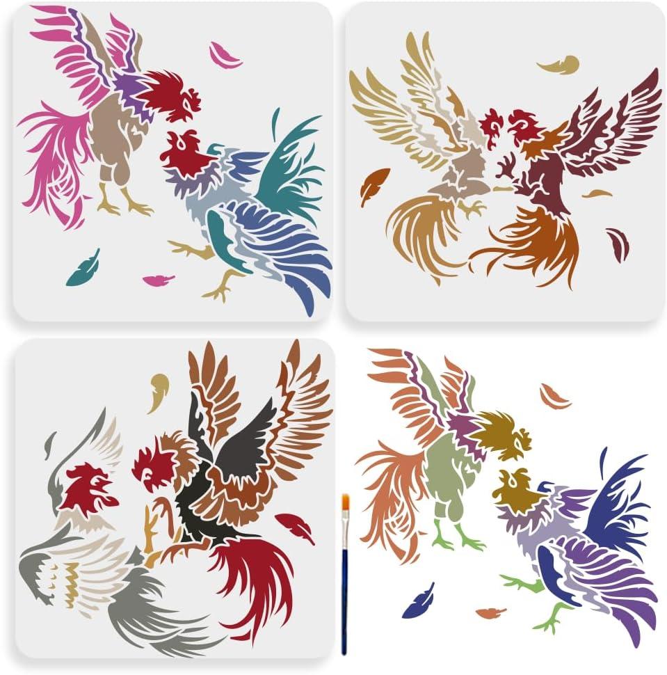 MAYJOYDIY 3pcs Chicken Cockfighting Stencil 11.811.8inch Large Rooster Chicken Hen Stencil Stencils with Paint Brush Farmhouse Cock Hen Template for DIY Craft Furniture Wood Canvas Paper