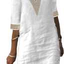 TS Women's Half Sleeve V-Neck Lace Ruffled Summer Dress Casual Ethnic Solid Basic Fashion Mid-Length Gifts (Medium, White)