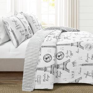 Lush Decor Paris Bonjour Reversible Cotton 3 Piece Quilt Set, King, Black & White