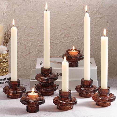 Taper Glass Candlestick Holders Tealight Candle Holders for Table Centerpieces, Fall Wedding Decor and Dinner Party Thanksgiving Christmas Decor (8 Pcs, Brown)