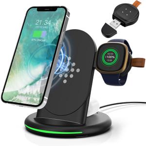 3 in 1 Charger for Fitbit Sense/Sense 2/Versa 3/Versa 4, Charging Station for iPhone 16 15 14 Plus Pro Max, for Samsung Galaxy S24 S23 S22, for Goole Pixel 9 8, for AirPods and Galaxy Buds